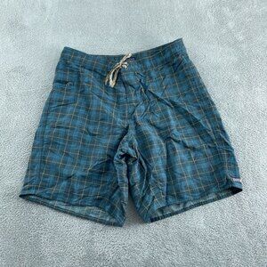 Patagonia Mens Plaid Swim Shorts 35 Nylon Blue & Yellow Drawstring Waist 2569